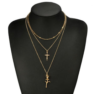 Rose Cross Multi-Layer Necklace